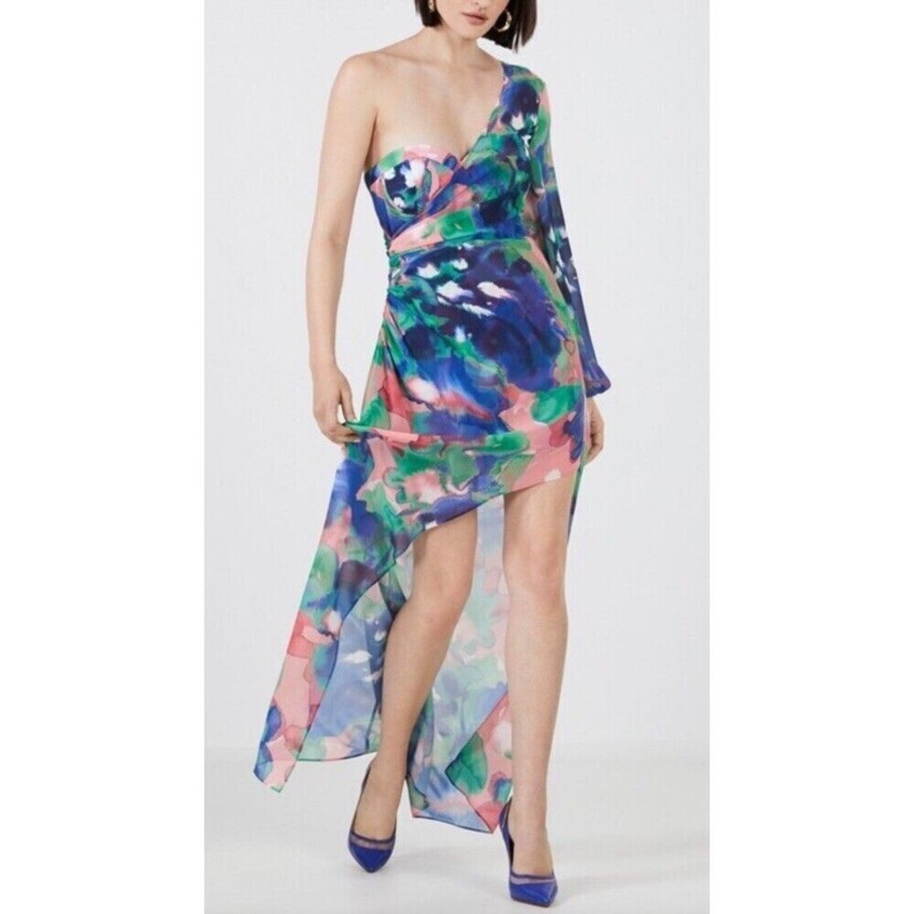 Bcbgmaxazria Gianni Draped One Sleeve Dress Chiffon Corset Multicolor Size 10